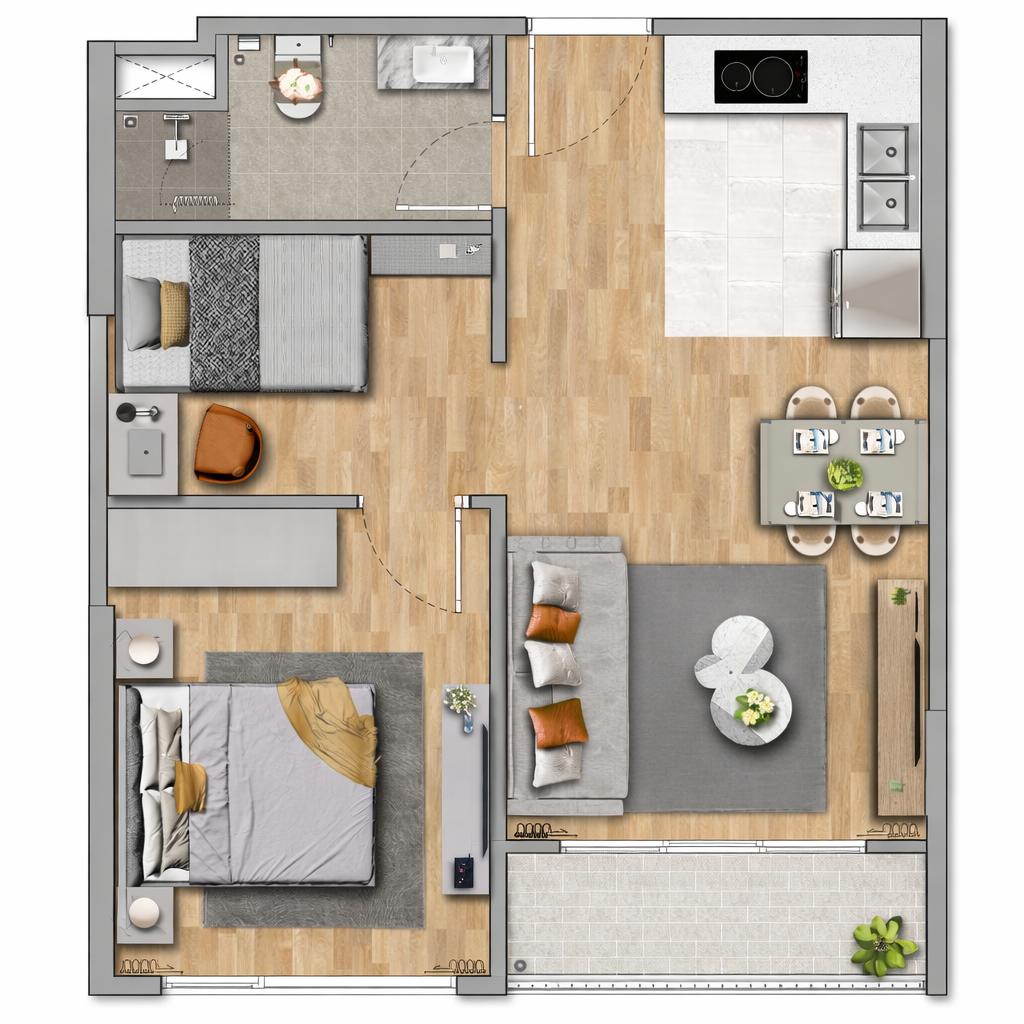 Thiết kế nội thất chung cư 45m2 2 phòng ngủ phương án với phòng ngủ chính lớn và khu sinh hoạt mở cạnh phải.