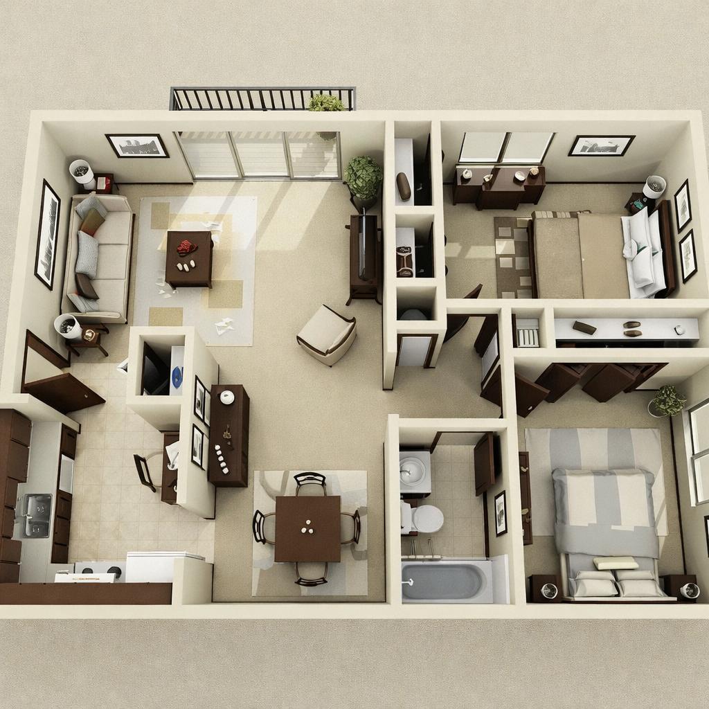 Thiết kế nội thất chung cư 45m2 2 phòng ngủ với lối vào riêng từng phòng và nhà vệ sinh trung tâm