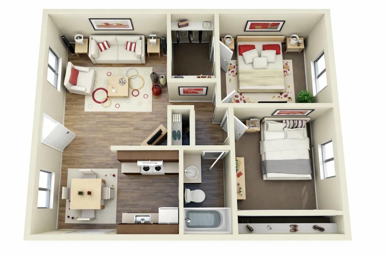 Thiết kế nội thất chung cư 45m2 2 phòng ngủ với phòng khách rộng cạnh trái và 2 phòng ngủ tách biệt cạnh phải