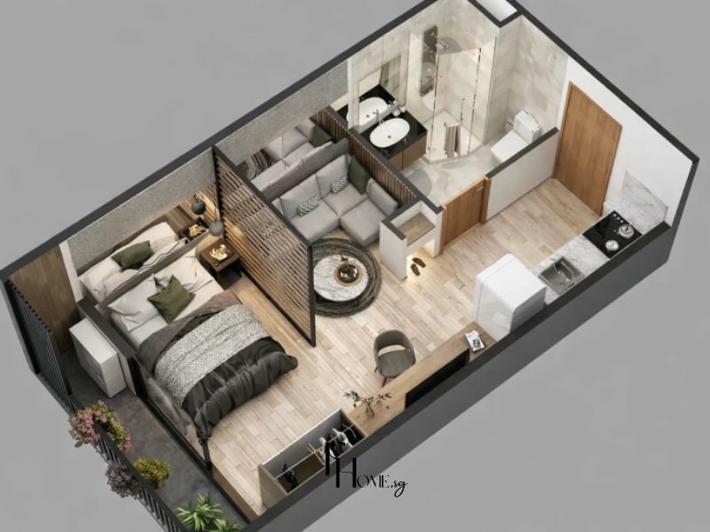 Thiết kế nội thất chung cư 50m2 1 phòng ngủ với vách ngăn lanh tô gỗ phân vùng ngủ và sinh hoạt, sofa góc xám, bếp chữ L và nhà vệ sinh cabin kính