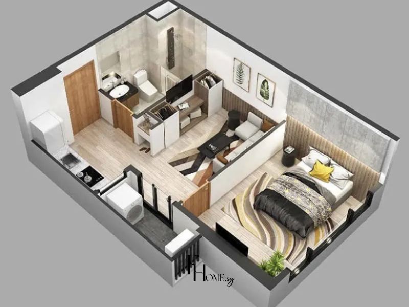 Thiết kế nội thất chung cư nhỏ 50m2 1 phòng ngủ với khu ngủ tường bê tông thô và đầu giường lanh tô vàng be, hệ tủ kệ đa năng trắng phân vùng và bếp chữ L gỗ sồi sáng