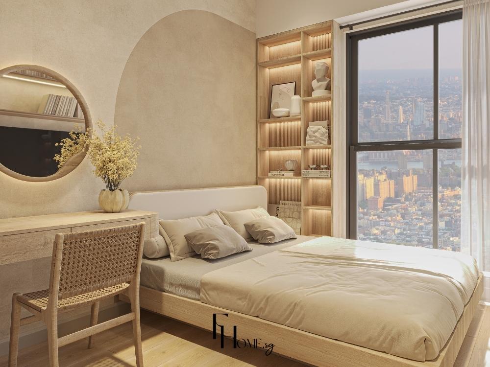 Phòng ngủ phong cách Japandi sofa tông mà vàng nhạt ấm cúm