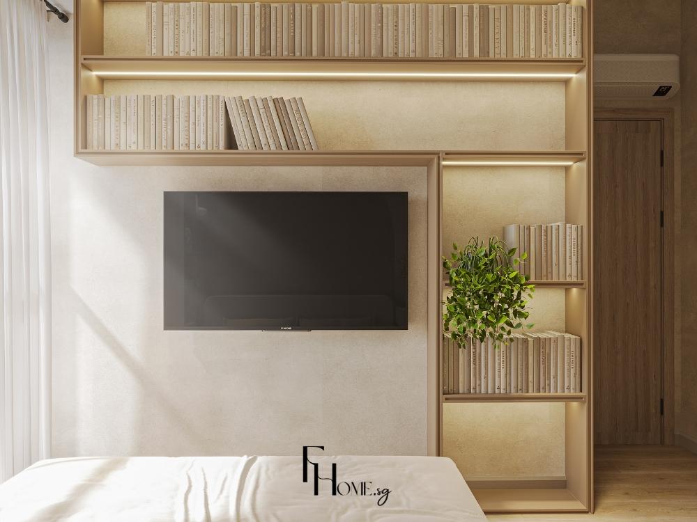 Phòng ngủ phong cách wabi sabi kết hợp kệ sách ấm tường tối ưu không gian