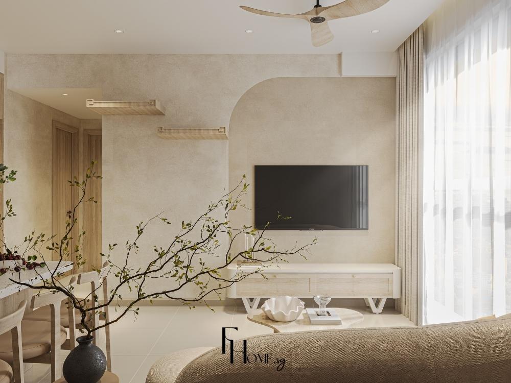 Phòng ngủ phong cách wabi sabi với tông màu vàng nhạt ấm cúm kết hợp cây xanh