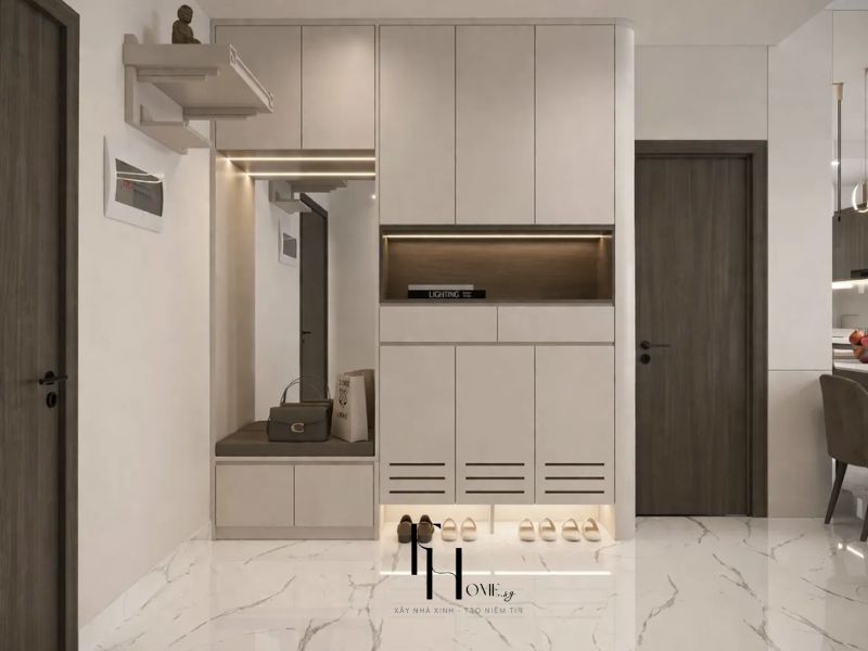 Thiết kế nội thất nhà chung cư 80m2 3 phòng ngủ sảnh vào tủ giày trắng kịch trần ghế ngồi gương LED