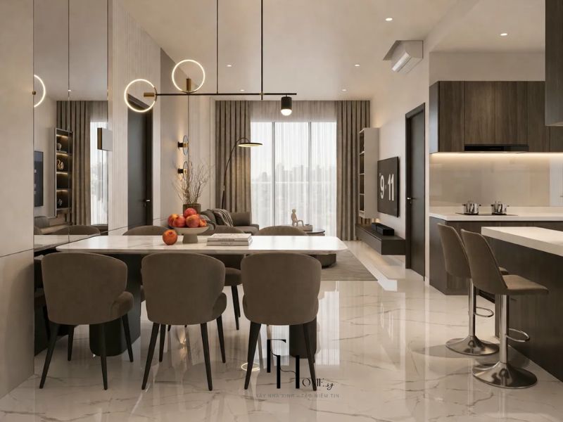 Khu ăn bàn marble trắng ghế velvet nâu đèn vòng LED gương lớn