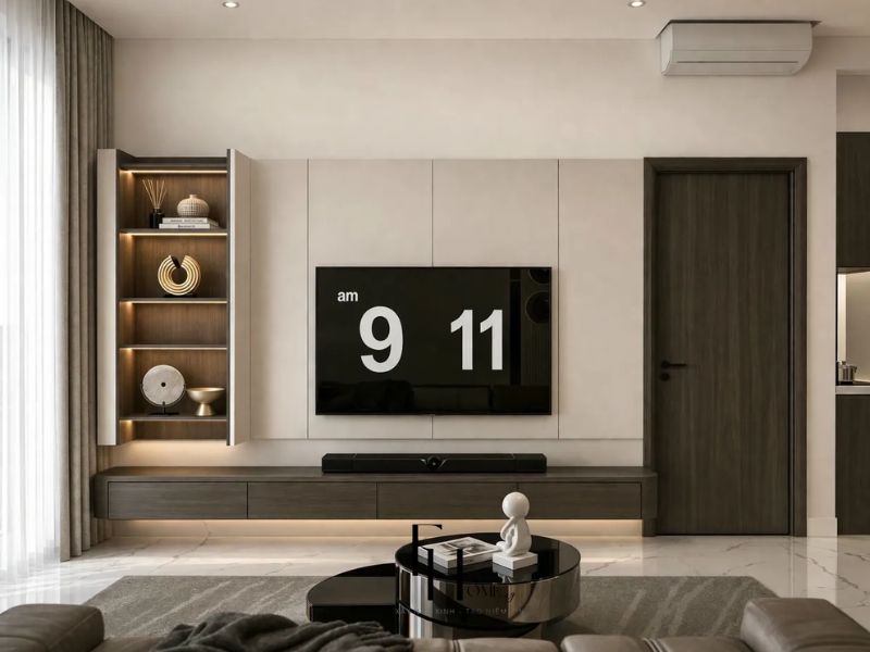 Phòng khách sofa nâu kệ TV gỗ tối cửa sổ lớn view thành phố