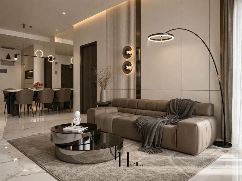 Phòng khách liên thông khu ăn sofa nâu gương lớn phản chiếu