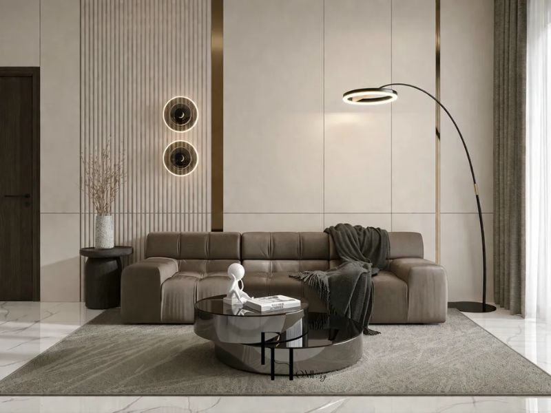 Thiết kế nội thất chung cư 80m2 3 phòng ngủ phòng khách sofa da nâu bàn kính inox đèn vòng LED tường