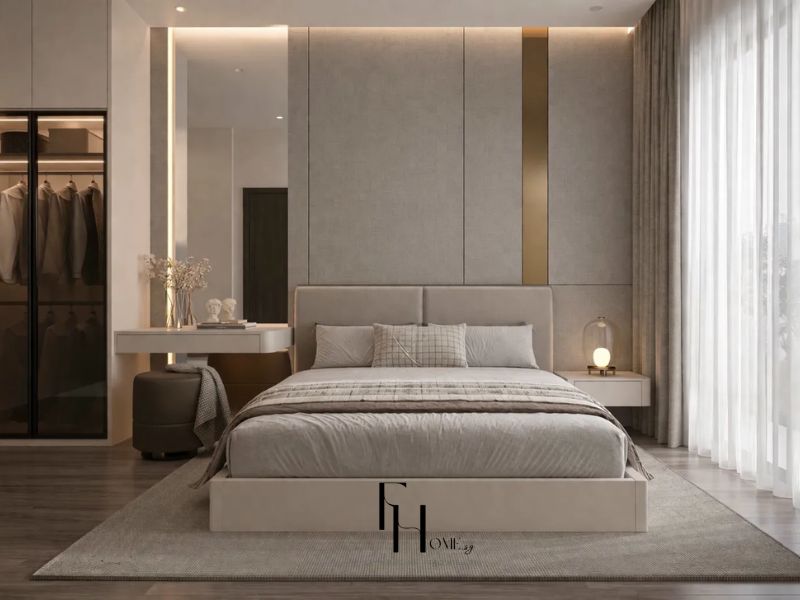 Phòng ngủ master 1 chung cư 68m2 3 phòng ngủ tường ốp nỉ xám thanh vàng đồng đèn LED viền và tủ kính tối trưng bày quần áo