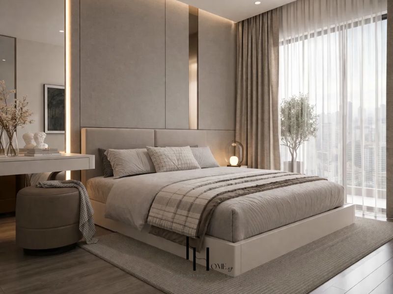 Thiết kế nội thất chung cư 80m2 3 phòng ngủ có phòng master tường vải bố xám bàn trang điểm trắng cửa sổ lớn