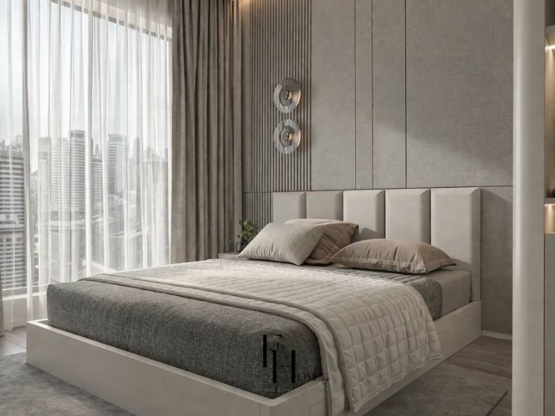 Thiết kế nội thất nhà chung cư 80m2 3 phòng ngủ có phòng ngủ phụ tường bê tông xám giường xám bàn làm việc liền