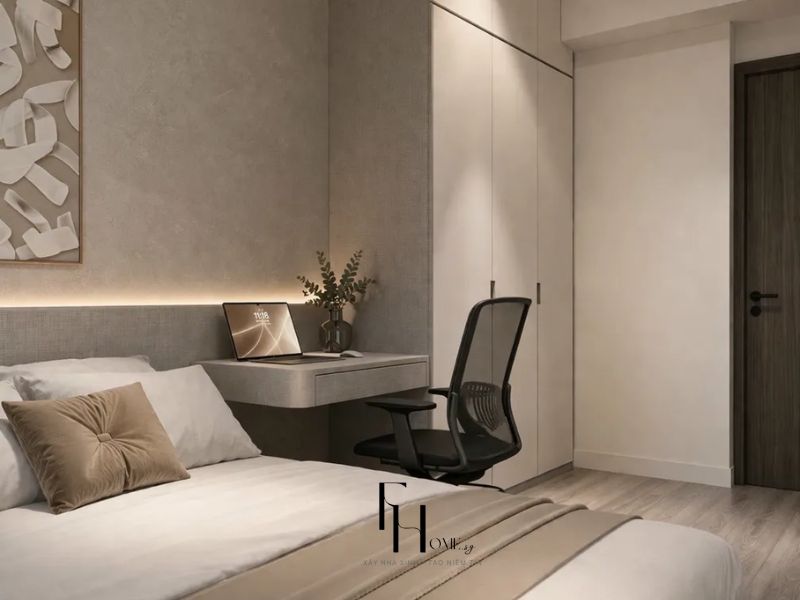Thiết kế nội thất chung cư 80m2 3 phòng ngủ có phòng ngủ phụ tường bê tông xám bàn treo liền giường góc 2