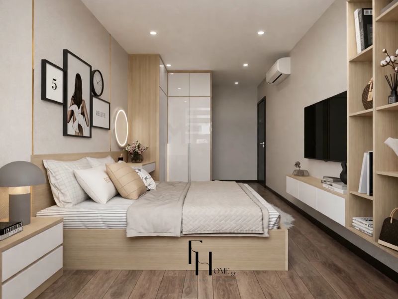 Phòng ngủ chung cư 68m2 phong cách Hiện Đại giường gỗ sồi hộc kéo và tủ cánh trắng bóng gương kịch trần, kệ mở gỗ sồi tích hợp kệ TV và bộ tranh đa khung đen trắng