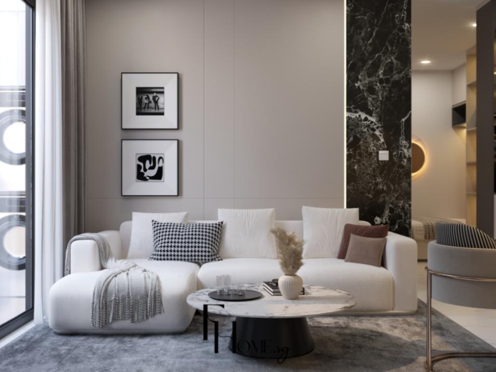 Thiết kế nội thất chung cư cho phòng khách hiện đại tông màu trắng chủ đạo