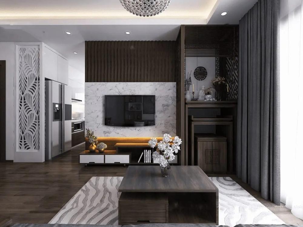 Thiết kế nội thất chung cư cho phòng khách hiện đại với đồ nội thất gỗ