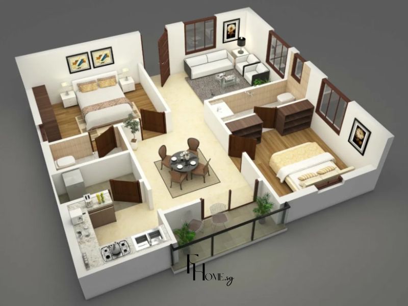 Thiết kế nội thất chung cư nhỏ 50m2 2 phòng ngủ với hành lang trung tâm phân vùng, phòng ngủ chính sàn gỗ nâu, phòng khách sofa trắng bàn ăn tròn và bếp chữ L trắng