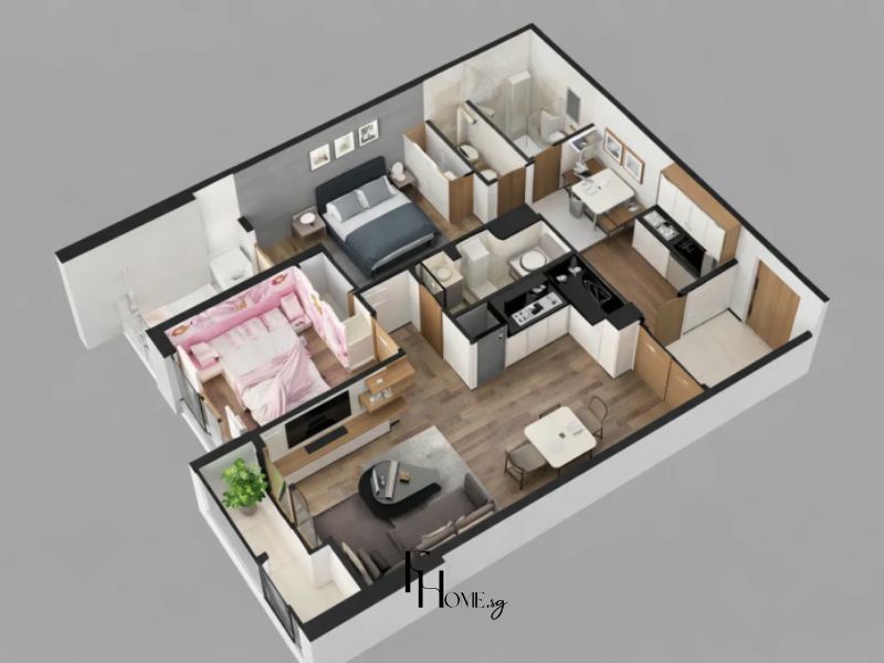 Thiết kế chung cư 50m2 2 phòng ngủ với phòng chính xám tối, phòng trẻ em hồng pastel, bếp chữ L trắng đen và khu sinh hoạt sàn gỗ nâu sofa xám