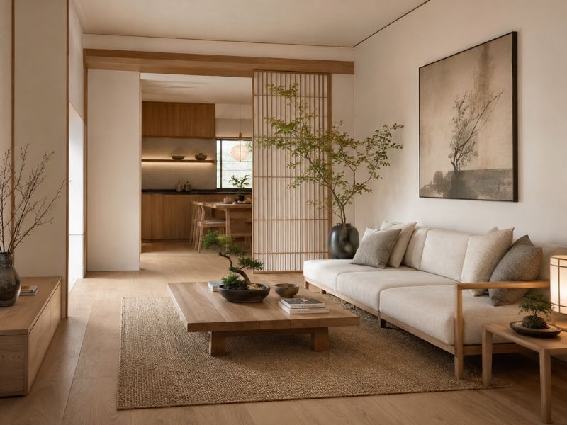 Thiết kế nội thất chung cư phong cách Nhật Bản với cây xanh, bonsai, gỗ sáng và tinh thần Zen thư thái