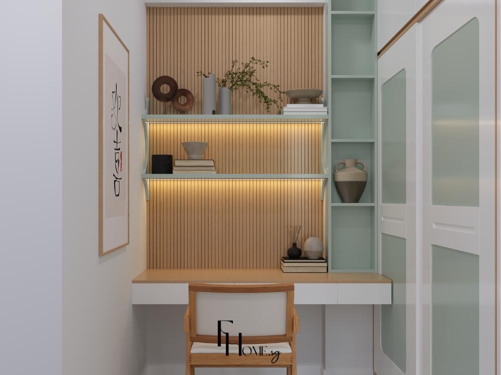 Phòng làm việc phong cách Nhật với tủ ấm tường gọn gàng