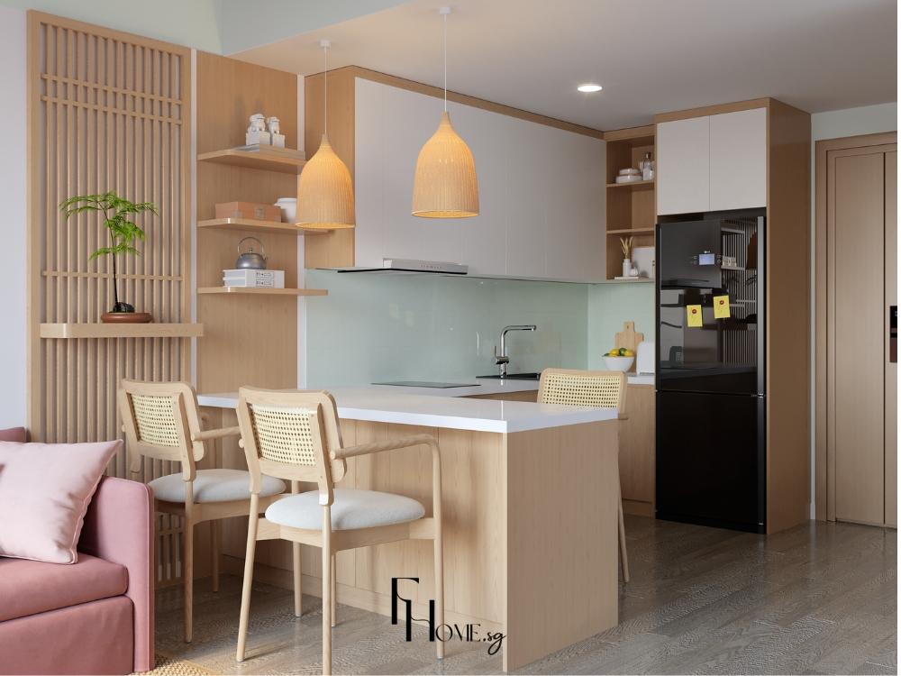 Phòng bếp phong cách Nhật với liên thông với phong khách tạo cảm giác thoáng đoãng, rộng rãi