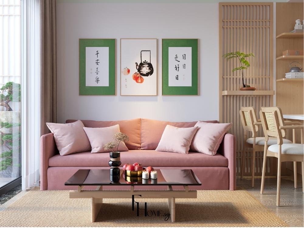 Phòng khách phong cách Nhật với tông màu trắng gỗ chủ đạo, bộ sô ga màu hồng nhạt và chiếu tatami