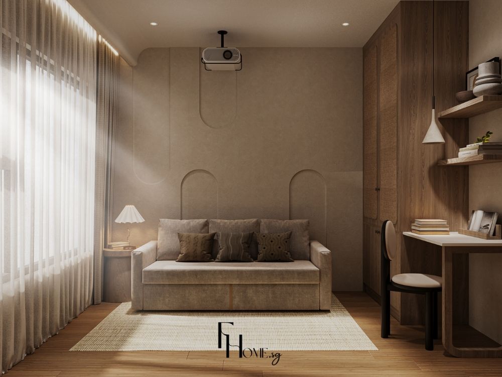 Thiết kế nội thất chung cư phòng khách kết hợp bàn làm việc phong cách Wabi Sabi – Vinhomes Grand Park 