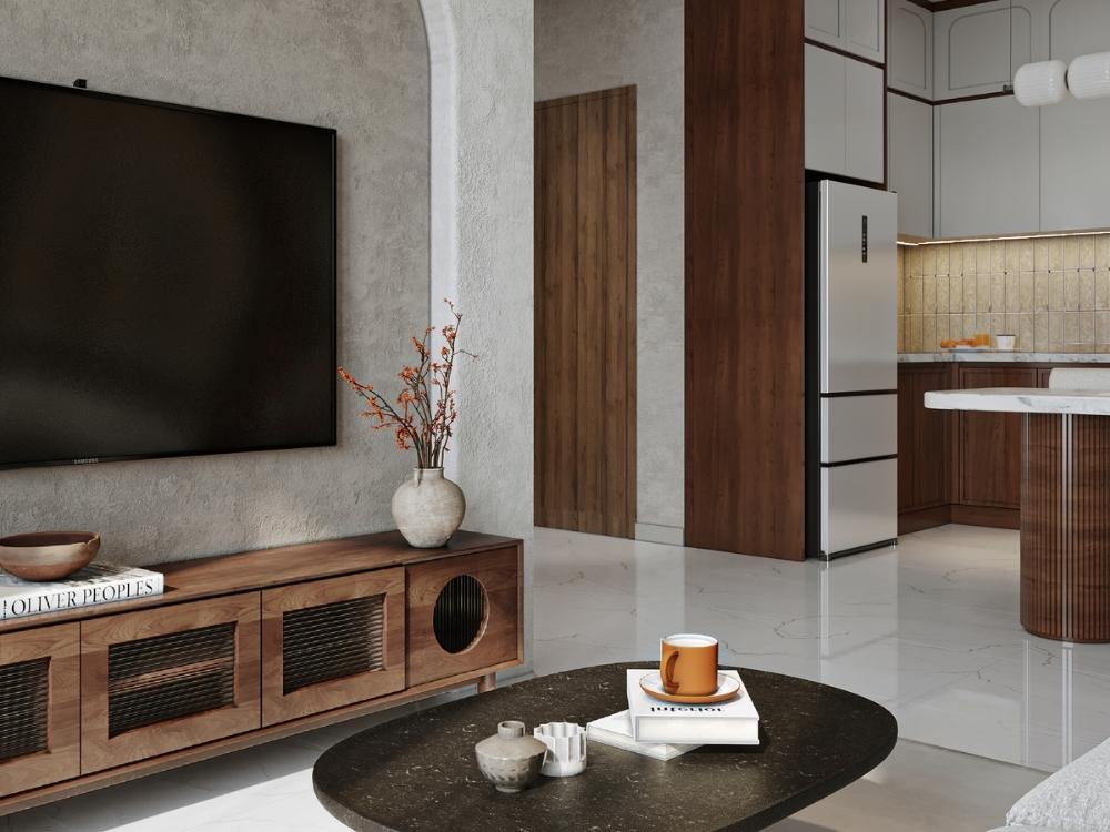 Thiết kế nội thất chung cư phòng khách kết hợp tủ gỗ phong cách Wabi Sabi – Vinhomes Grand Park