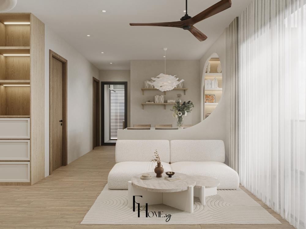 Thiết kế nội thất chung cư phòng khách phong cách Wabi Sabi với tông màu trắng chủ đạo – Vinhomes Grand Park