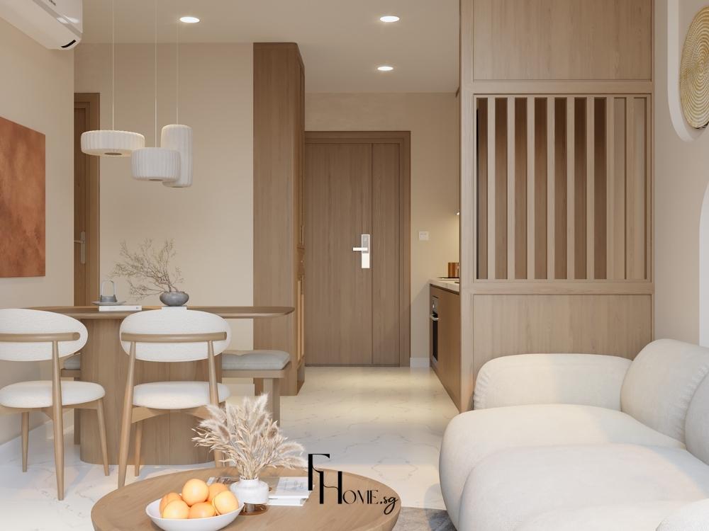Thiết kế nội thất chung cư phòng khách tông mài trung tính phong cách Japandi – Vinhomes Grand Park