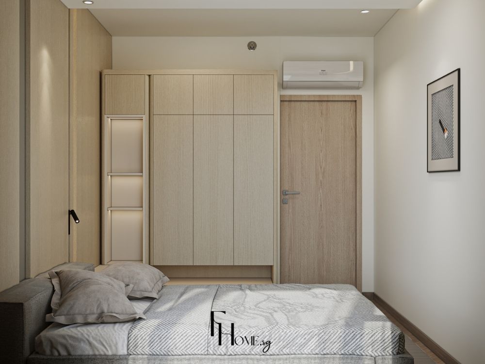 Phòng ngủ bé trai chung cư 80m2 với giường đơn tủ âm tường