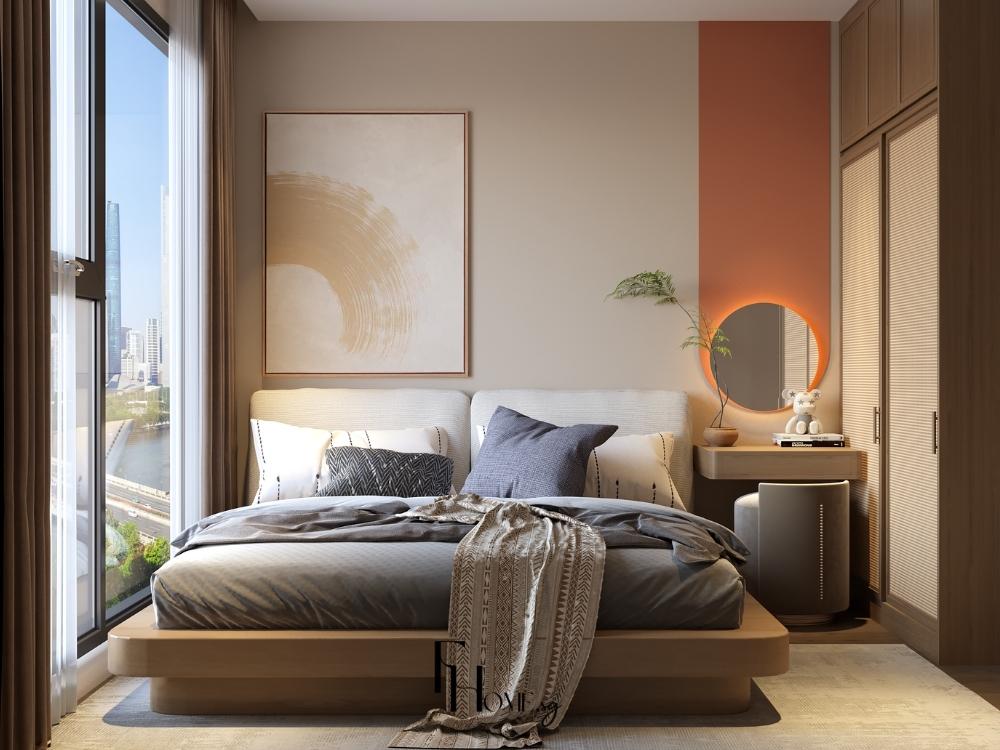 Phòng ngủ chính trong chung cư 60m² với giường 1m6, tủ âm tường tối giản