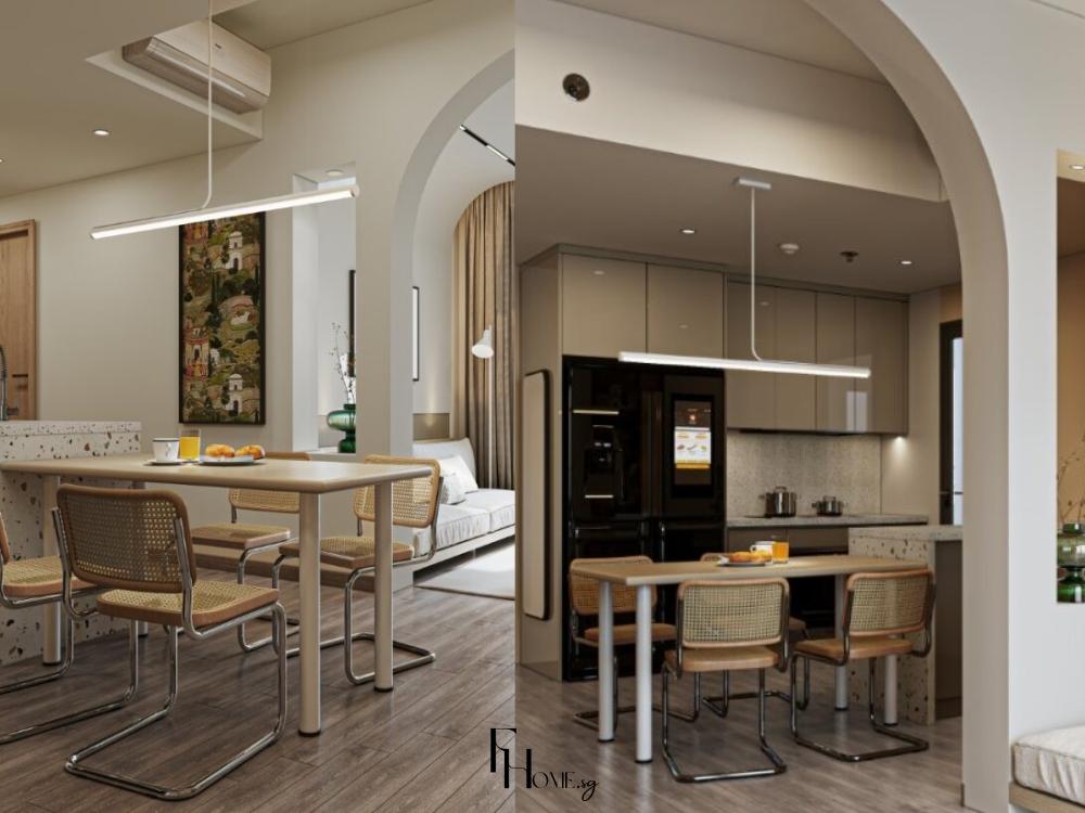 Thiết kế nội thất khu vực bàn ăn phong cách Minimalism với bố cục đơn giản, màu sắc trung tính và đường nét tinh tế