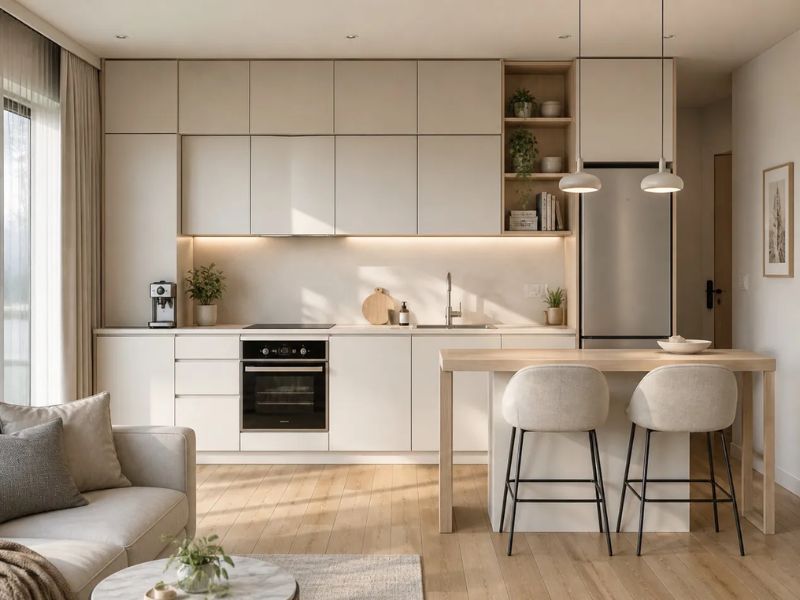 Thiết kế nội thất nhà bếp chữ I và quầy bar gỗ liền phòng khách trong căn hộ studio