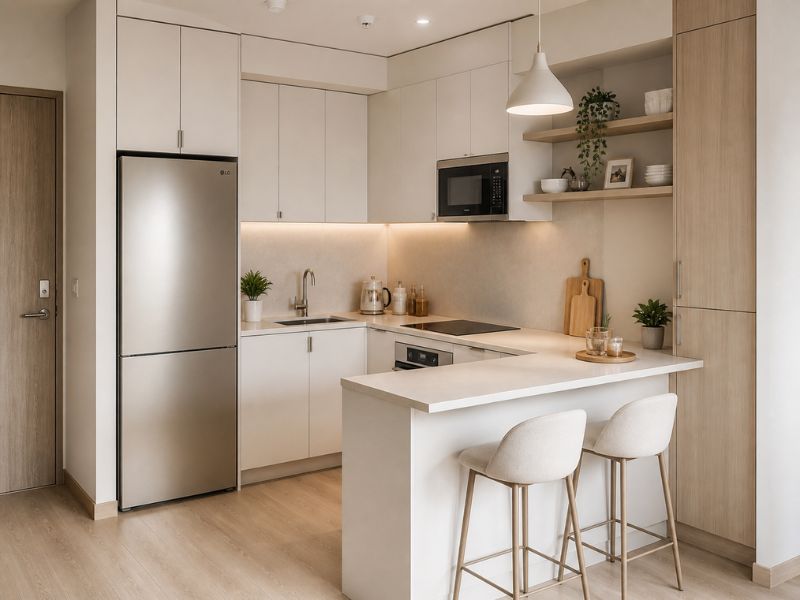 Thiết kế nội thất nhà bếp chung cư chữ L trắng be và quầy bar nhỏ tối ưu công năng