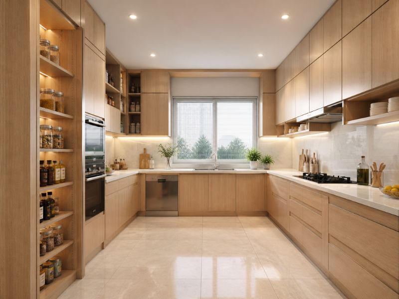 Thiết kế nội thất nhà bếp kết hợp tủ cao kệ mở có đèn LED chung cư chữ U vân gỗ sáng