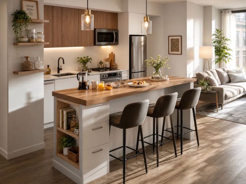 Thiết kế nội thất nhà bếp chung cư có quầy bar mini mặt gỗ tự nhiên thân trắng kệ mở hai bên kết hợp ghế bar bọc vải nâu