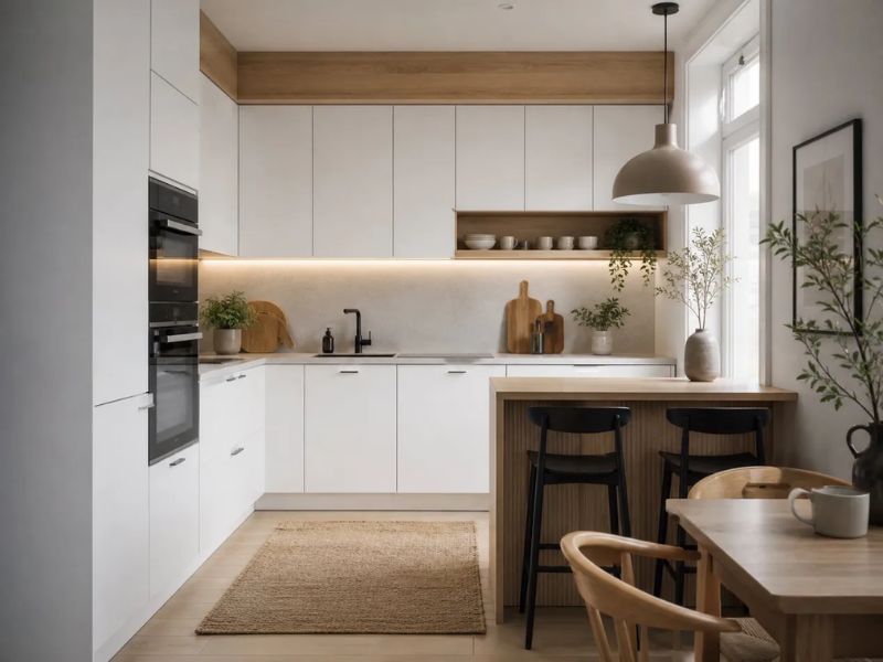 Thiết kế nội thất nhà bếp chung cư phong cách Bắc Âu kệ mở gỗ âm tường và đèn trùm màu be