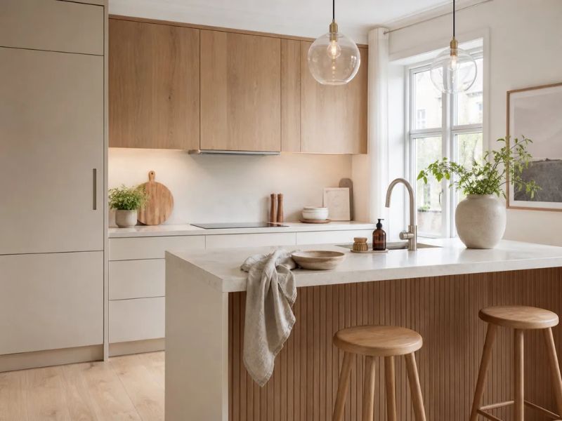 Thiết kế nội thất nhà bếp chung cư phong cách Bắc Âu màu be xám phẳng kết hợp tủ trên vân gỗ sồi