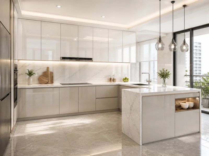 Thiết kế nội thất nhà bếp chung cư phủ Acrylic bóng trắng ngà và đèn thả cầu thủy tinh