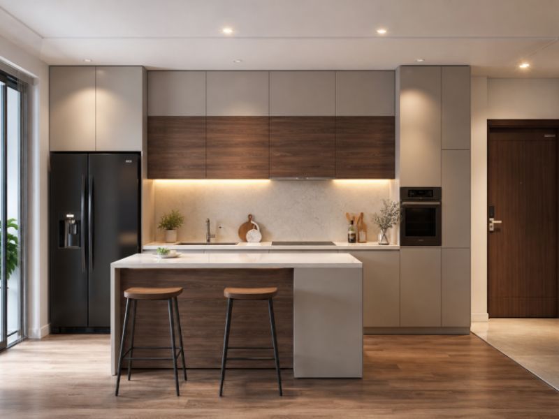 Thiết kế nội thất nhà bếp chung cư phủ Melamine với hệ tủ bếp kịch trần và gam màu gỗ nâu ấm giúp không gian thêm sang trọng 