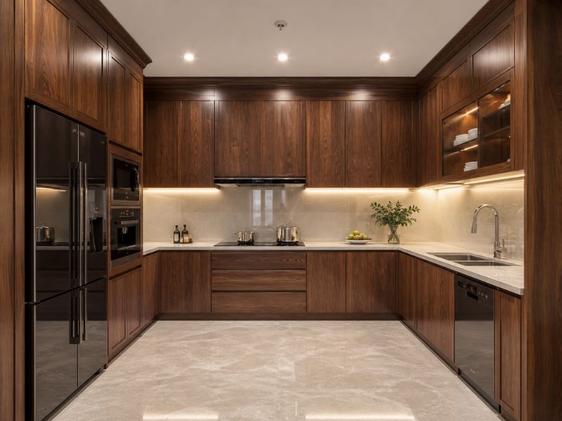 Thiết kế nội thất nhà bếp chung cư bằng gỗ tự nhiên với hệ tủ âm tường gọn gàng và gam màu gỗ nâu sang trọng tạo cảm giác ấm cúng 