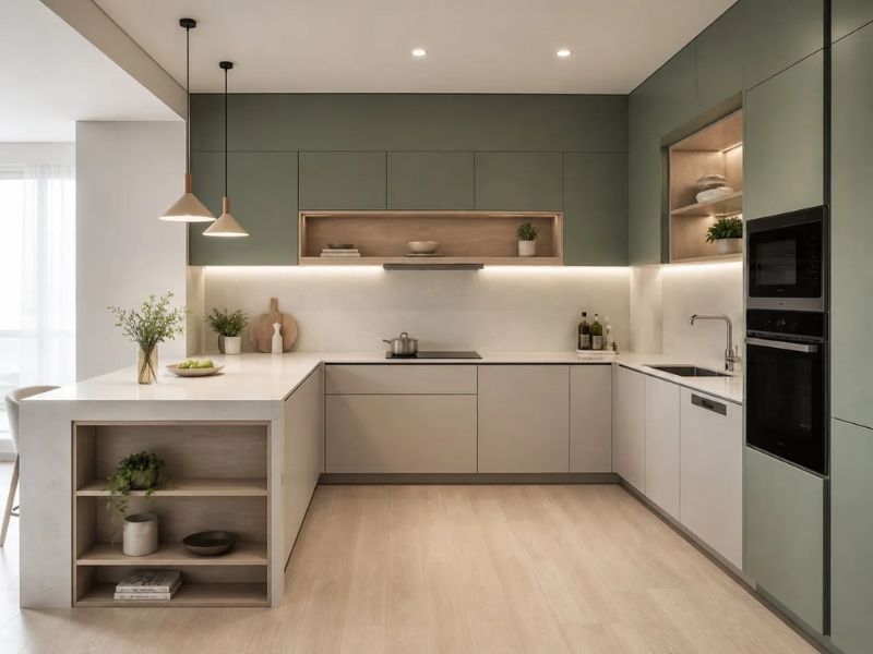 Mẫu thiết kế phòng bếp chung cư chữ U xanh rêu phủ Laminate và bàn đảo mặt đá trắng có kệ mở bên hông