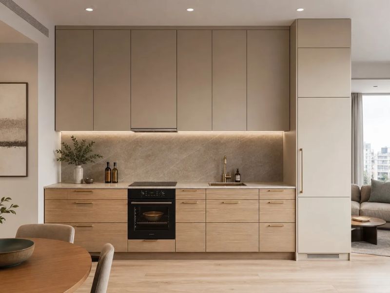 Thiết kế nội thất nhà bếp chung cư be nâu vân gỗ và tường ốp đá vân xám