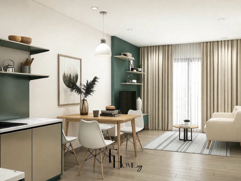 Thiết kế nội thất nhà chung cư 65m2 phòng khách phong cách Scandinavian tường xanh lá kệ gỗ mở và sofa kem chân gỗ