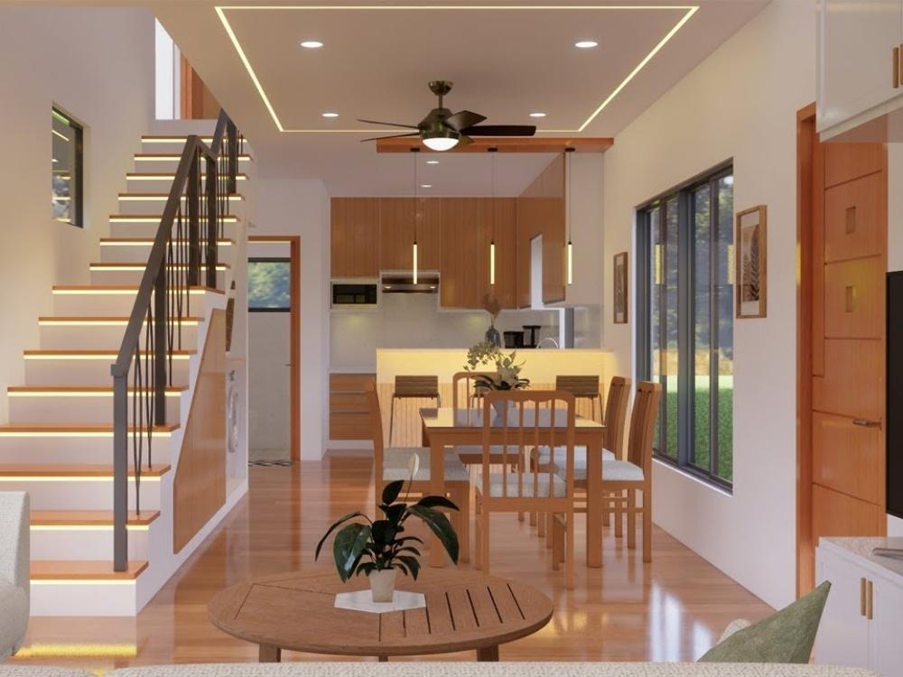 Thiết kế nội thất nhà phố 4x10 có gác lửng với chất liệu gỗ vớiđèn l 