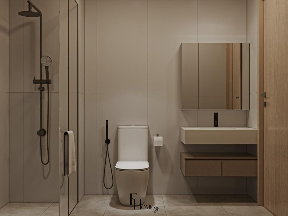 Thiết kế nội thất nhà vệ sinh phong cách Minimalism với bố cục tinh gọn, màu sắc nhẹ nhàng và lưu trữ ẩn
