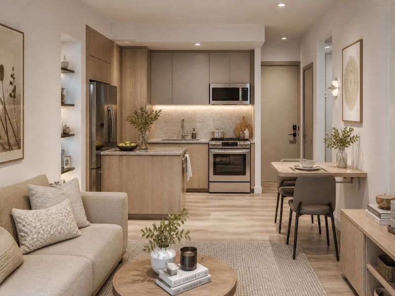 Thiết kế nội thất phòng bếp chung cư chữ I với bàn ăn gắn tường gỗ