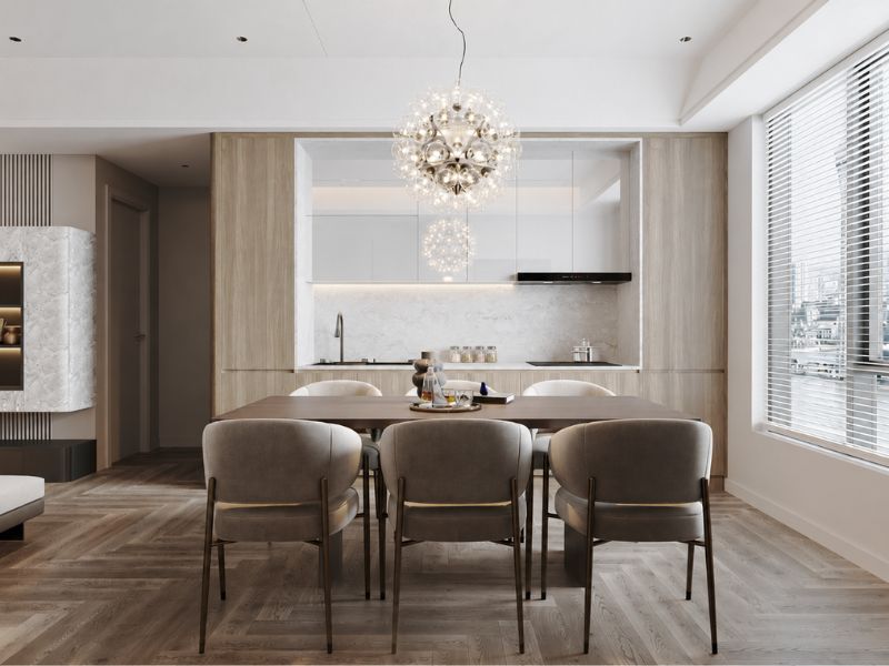 Thiết kế nội thất chung cư 105m2 3 phòng ngủ với bếp liền bàn ăn