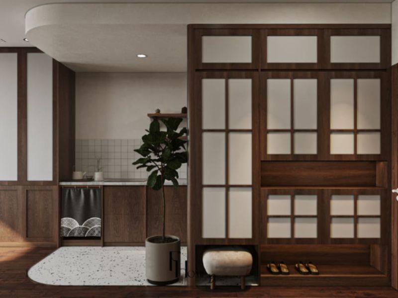 Phòng bếp chung cư 50m2 phong cách Japandi với vách Shoji khung walnut kính mờ, tủ bếp gỗ nâu trầm, backsplash gạch vuông trắng và sàn terrazzo hạt trắng đen